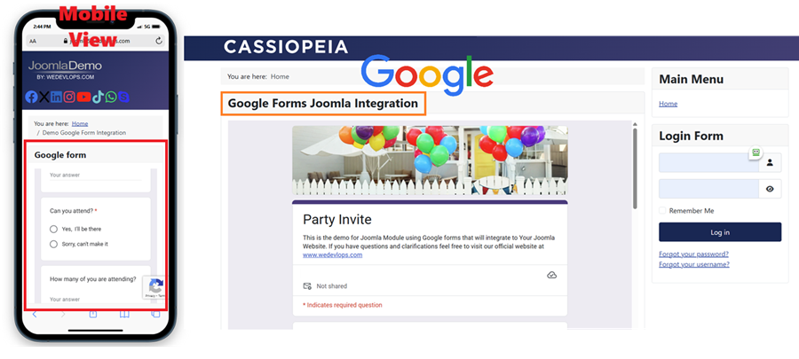 Joomla Google form website Integration responsive